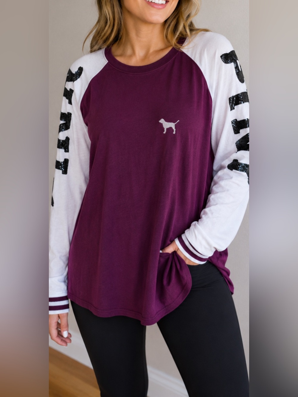 PINK VS Sequin Logo Raglan Long Sleeve Tee Purple White Size L